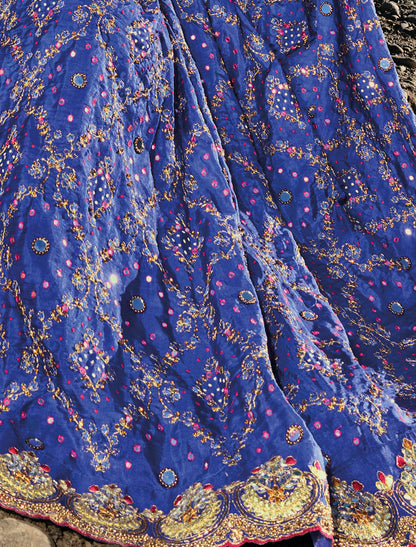 Royal Blue Pure Gajji Bandhej Satin With Real Silk Blouse Original Mirror Moti & Cut Dana Work Traditional Wear Sarees