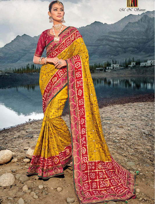 Mustard Pure Gajji Bandhej Satin With Russian Silk  Blouse Original Mirror Moti & Cut Dana Work Traditional Wear Sarees