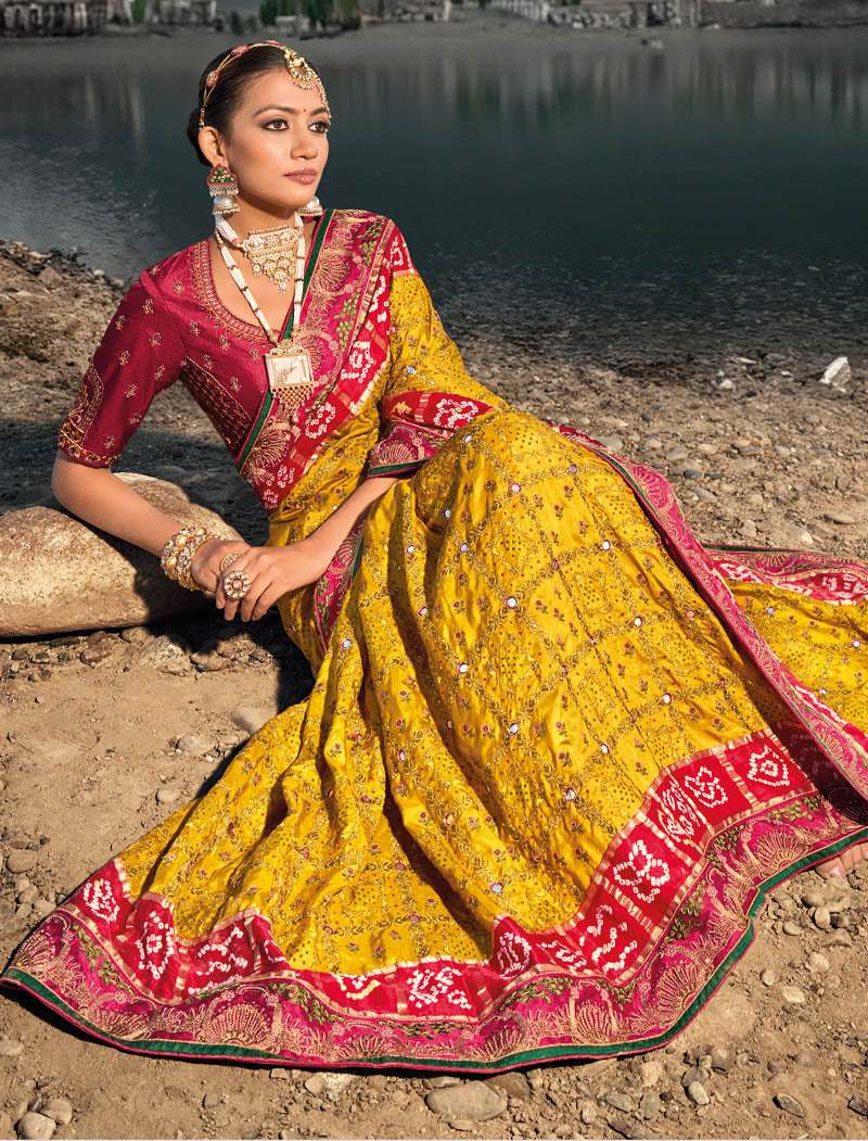 Mustard Pure Gajji Bandhej Satin With Russian Silk  Blouse Original Mirror Moti & Cut Dana Work Traditional Wear Sarees