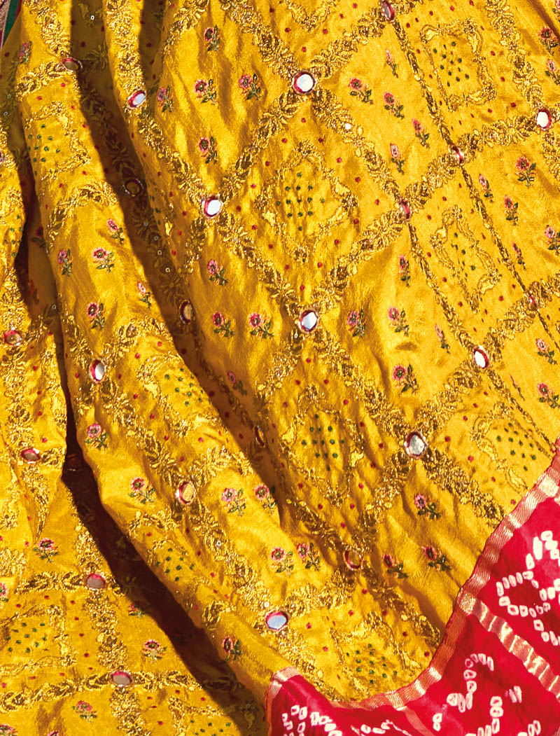 Mustard Pure Gajji Bandhej Satin With Russian Silk  Blouse Original Mirror Moti & Cut Dana Work Traditional Wear Sarees