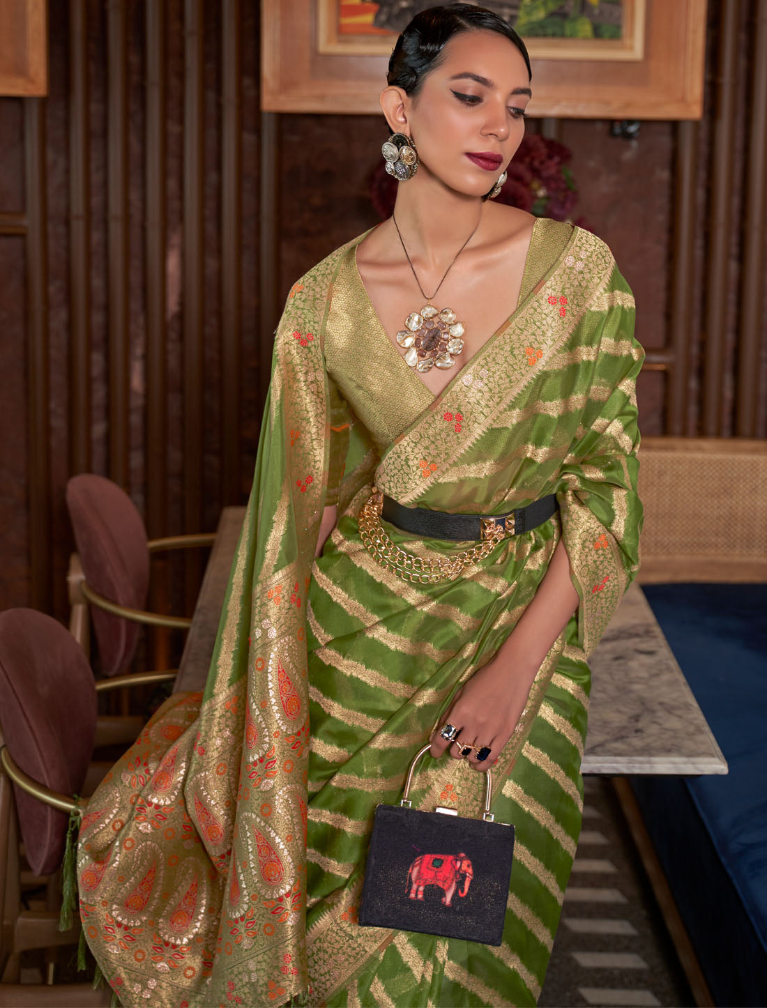 Organza Tow-Tone Meenakari Fusion Weaving Designer Saree For Women