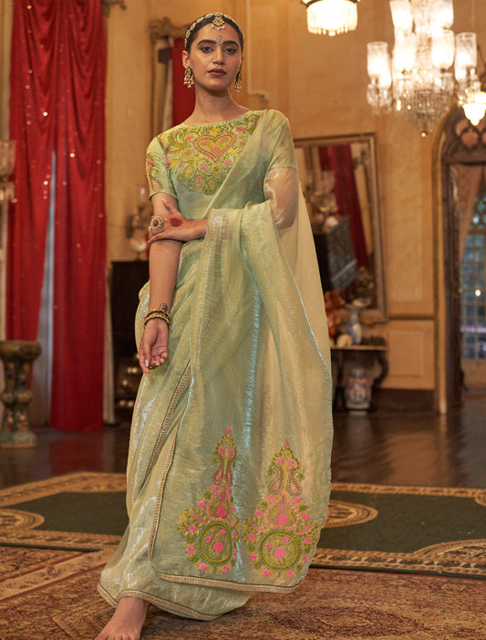 Mint Green Party Wear Saree with Lace Border