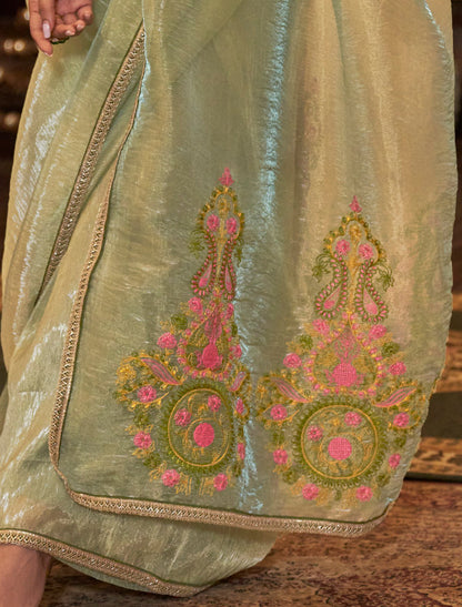 Mint Green Party Wear Saree with Lace Border