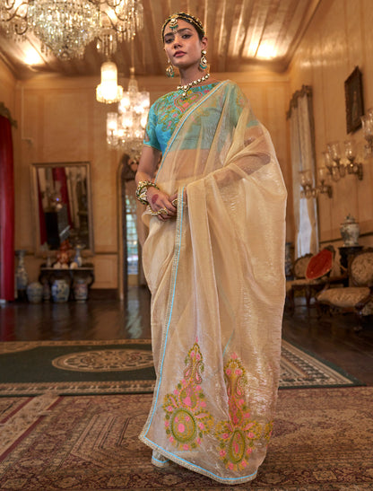 Beige Elegant Tissue Saree for Women