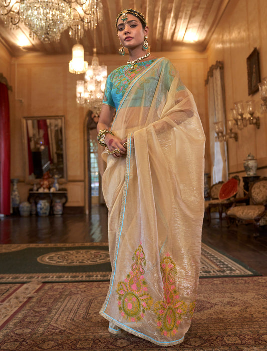 Beige Elegant Tissue Saree for Women
