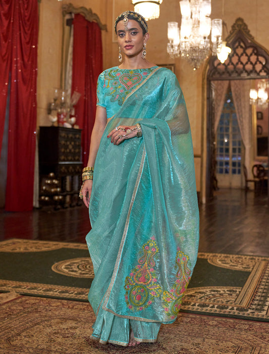 Teal Green Festive Saree with Embroidery Work