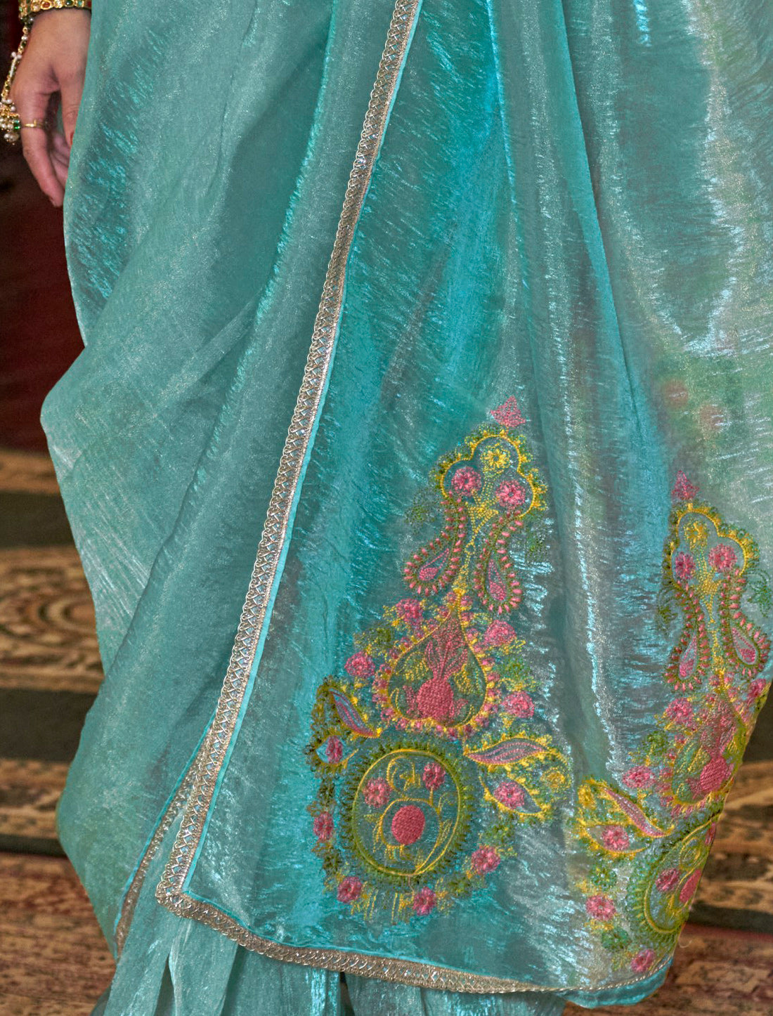 Teal Green Festive Saree with Embroidery Work