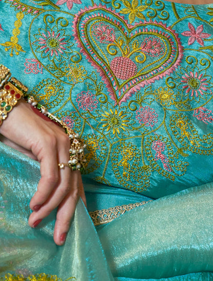 Teal Green Festive Saree with Embroidery Work