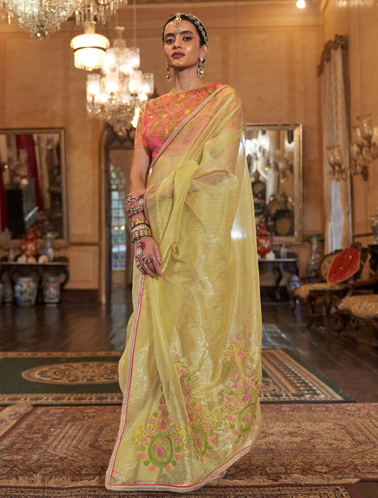 Yellow Wedding Saree in Gold Tissue Fabric