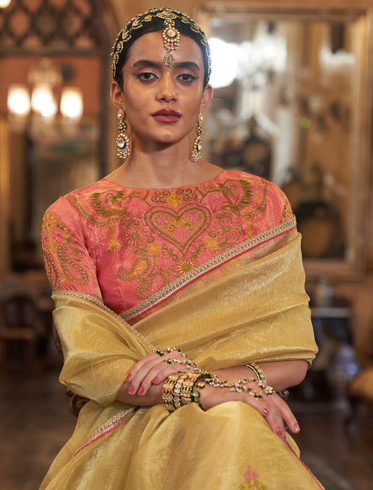 Yellow Wedding Saree in Gold Tissue Fabric