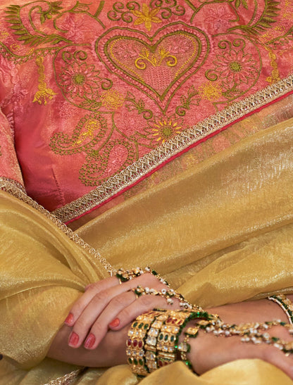 Yellow Wedding Saree in Gold Tissue Fabric