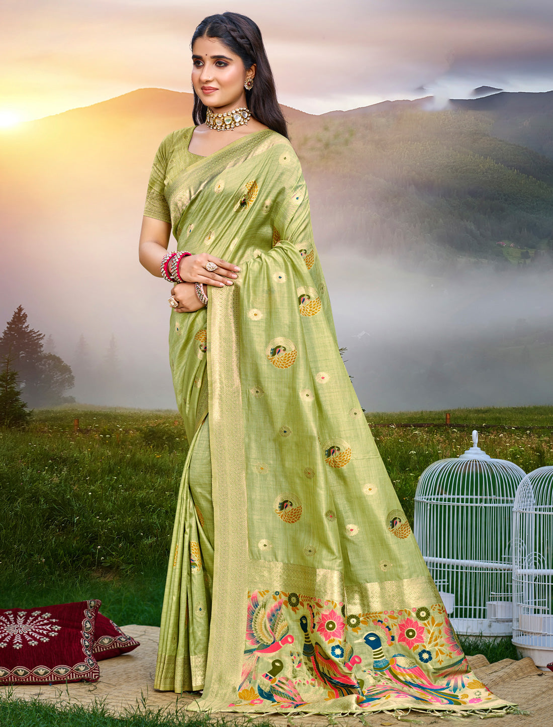 Woman in a light green saree with floral patterns standing in a scenic outdoor setting.