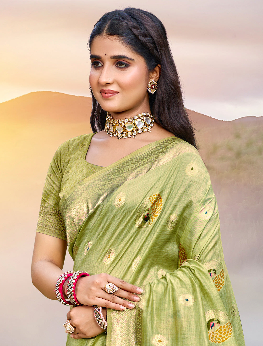 Lime Green Assan Silk Woven With Meena Work Ethnic Saree