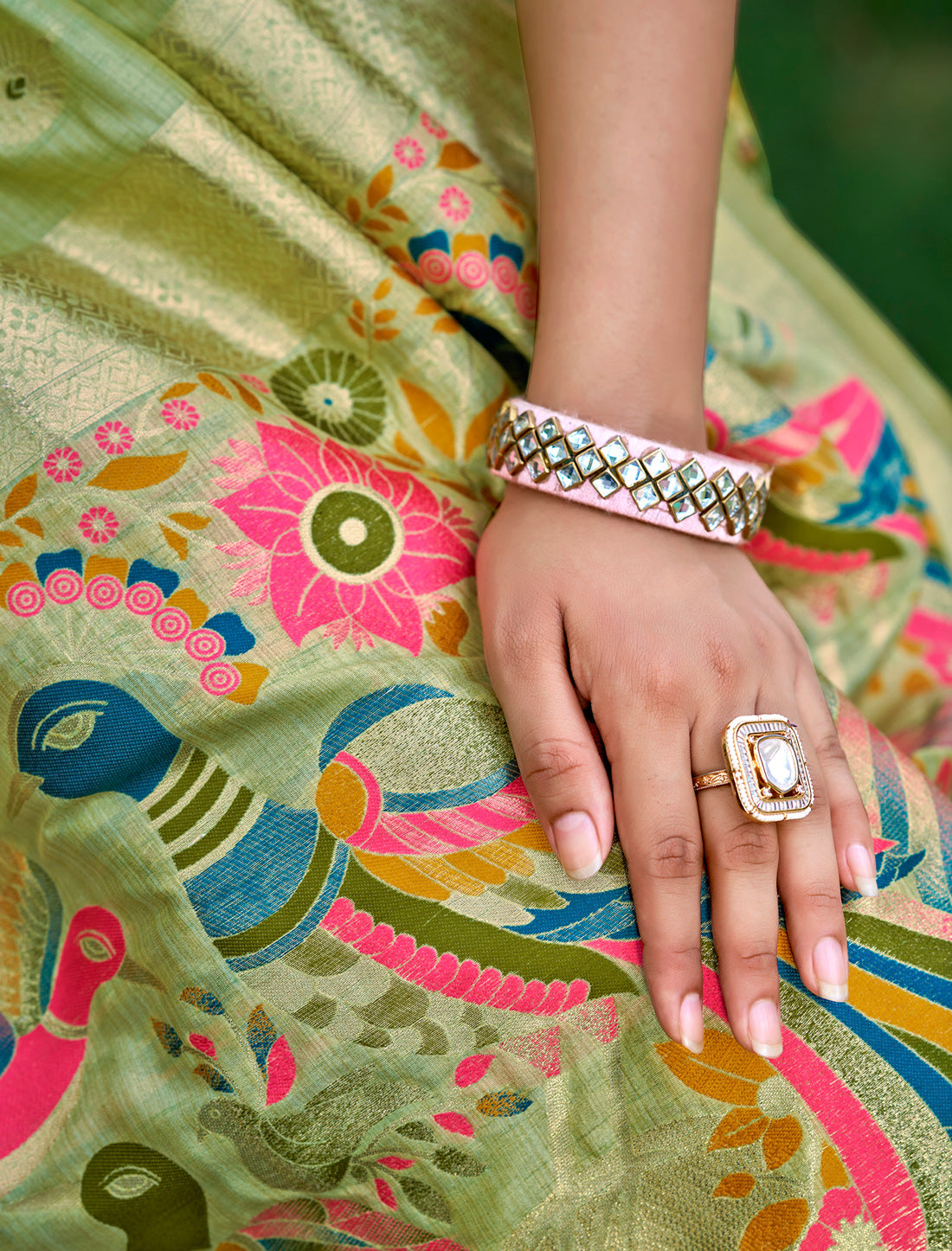 Lime Green Assan Silk Woven With Meena Work Ethnic Saree