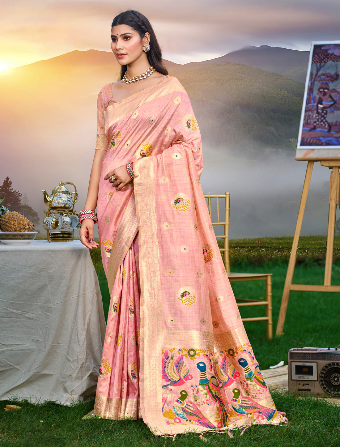 Pink Assasm Silk Woven With Meena Work Ethnic Saree
