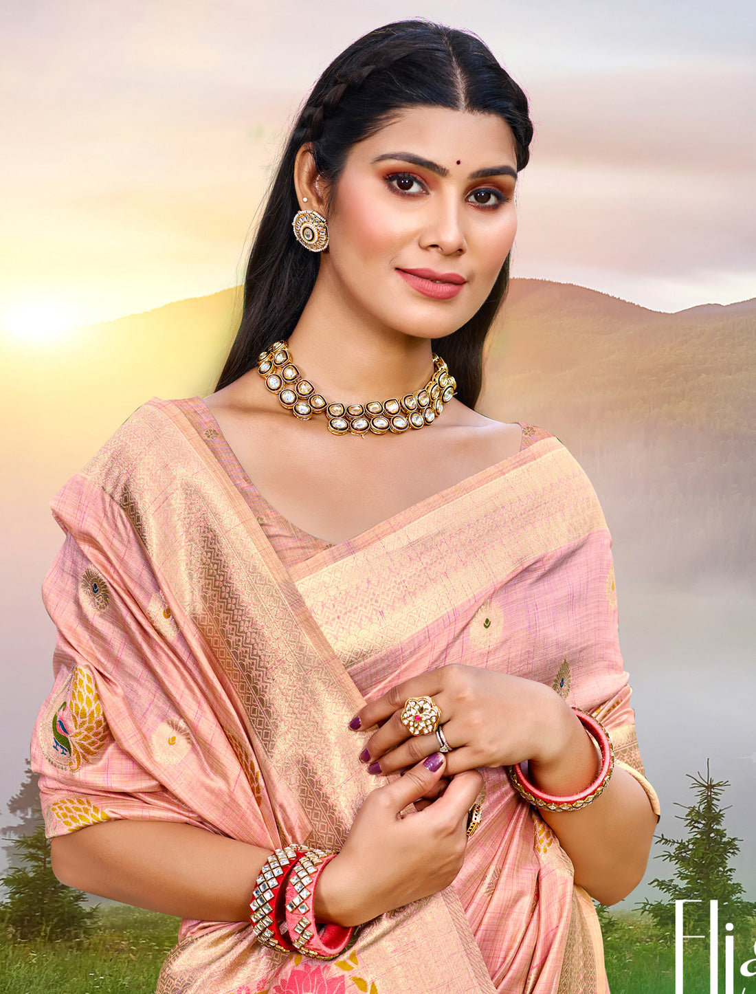 Pink Assasm Silk Woven With Meena Work Ethnic Saree