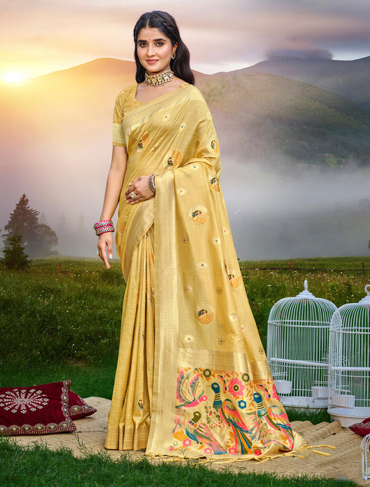 Yellow Ethnic Assam Silk Woven Saree With Meena Work
