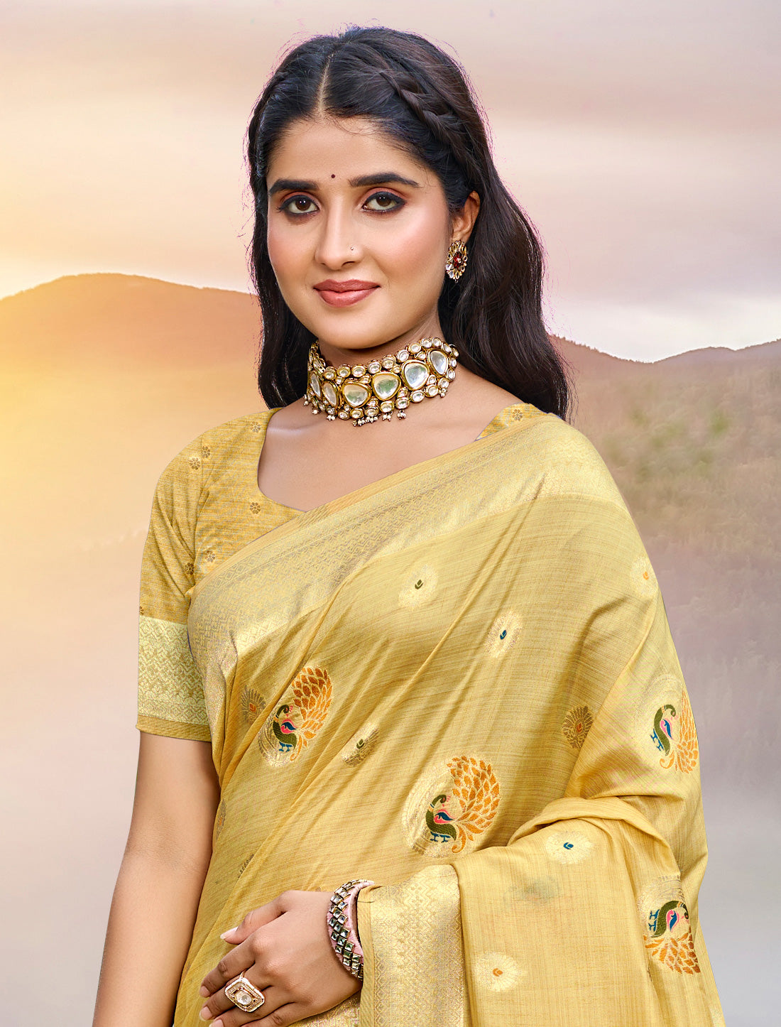 Yellow Ethnic Assam Silk Woven Saree With Meena Work