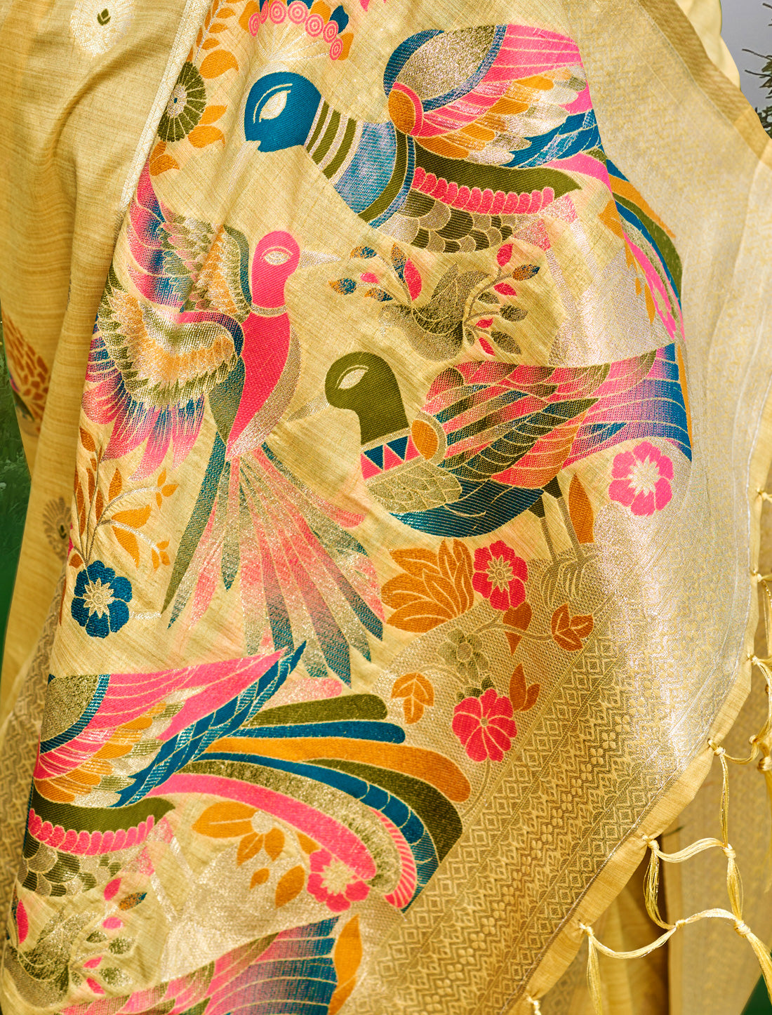 Yellow Ethnic Assam Silk Woven Saree With Meena Work