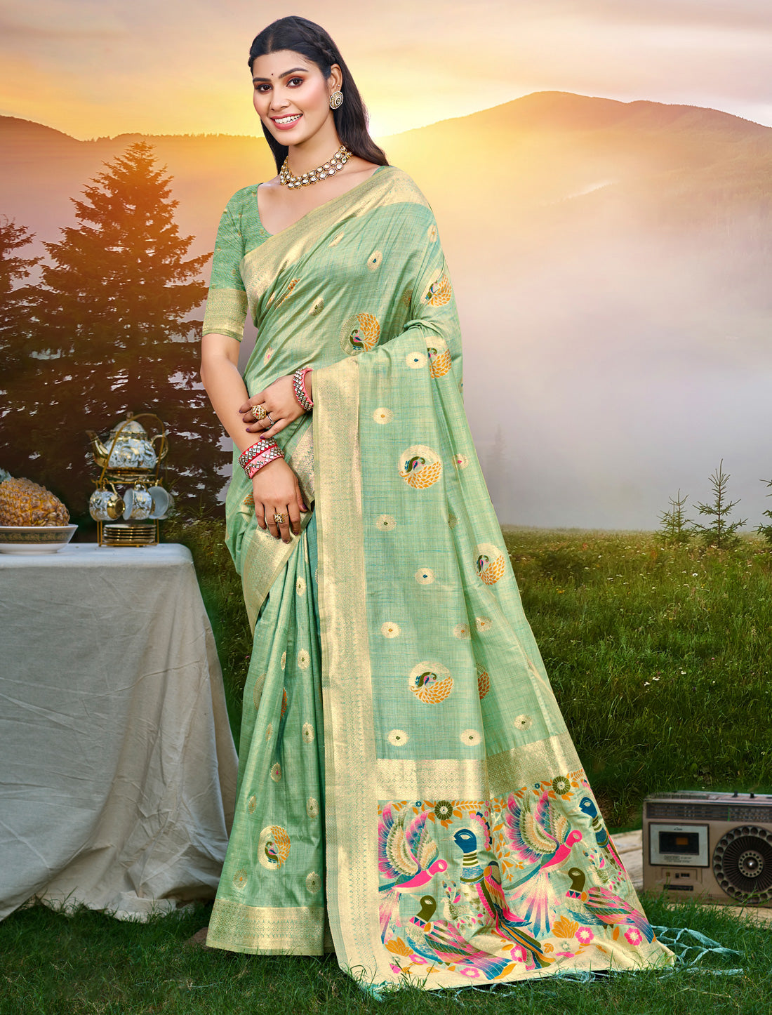 Green Ethnic Assan Silk Woven With Meena Work Saree