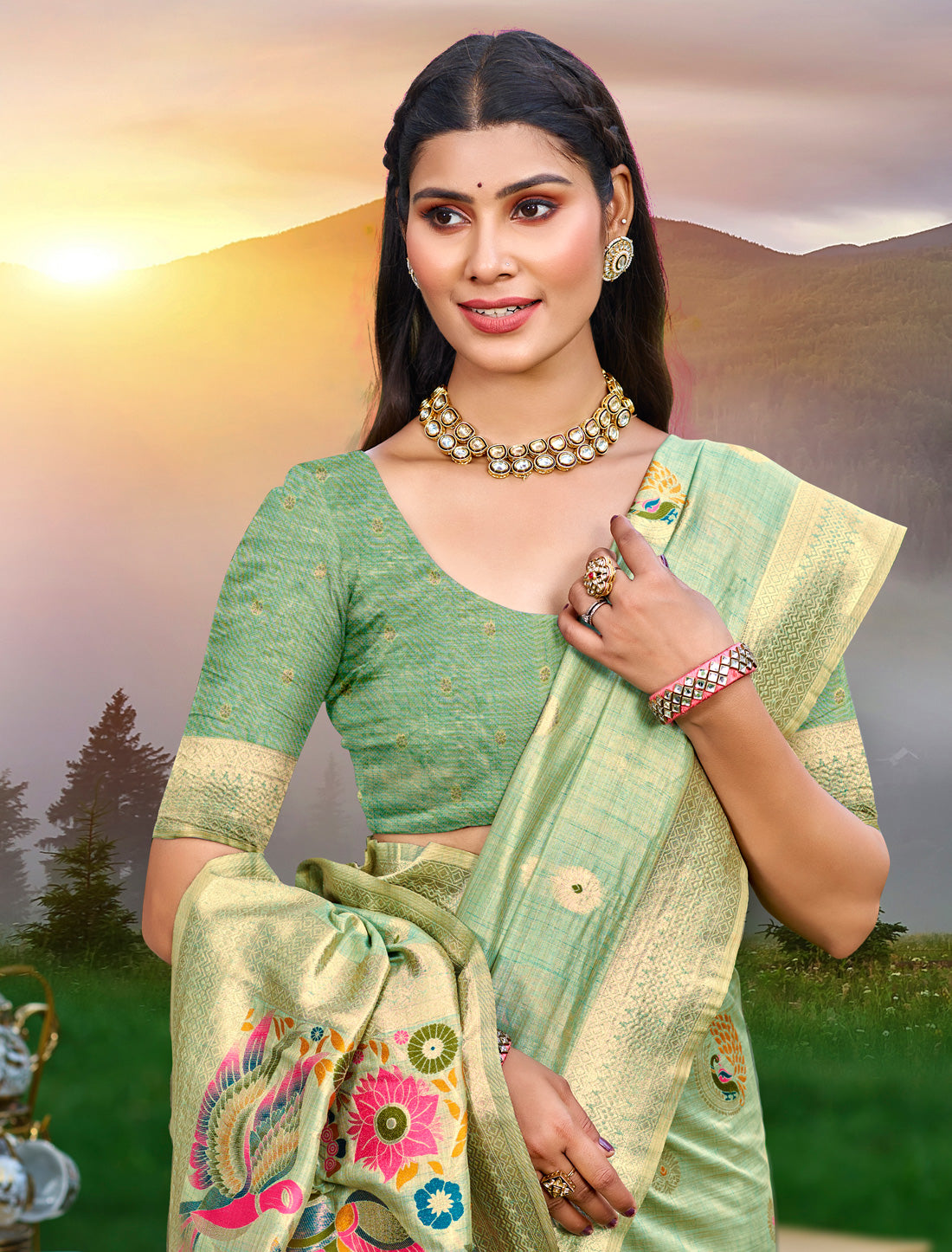 Green Ethnic Assan Silk Woven With Meena Work Saree