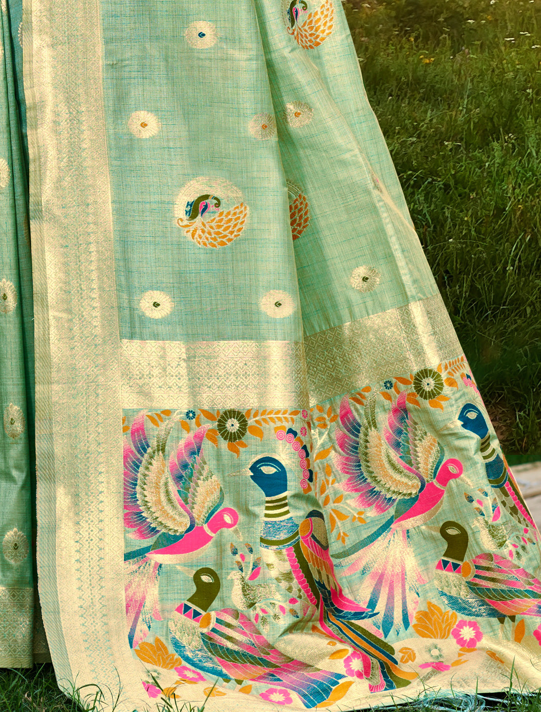 Green Ethnic Assan Silk Woven With Meena Work Saree