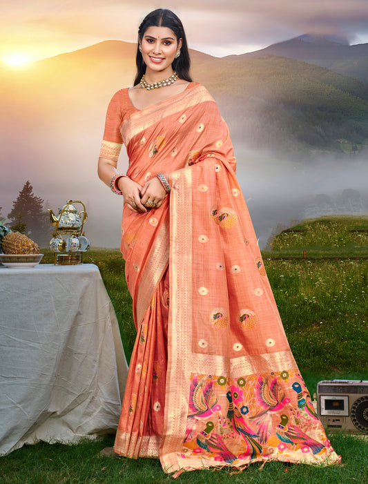 Orange Assam Silk Ethnic Saree With Meena Work
