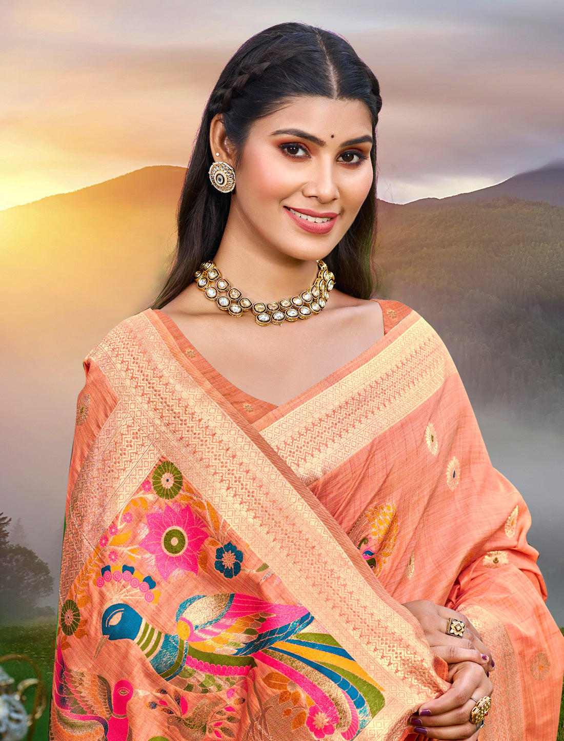Orange Assam Silk Ethnic Saree With Meena Work