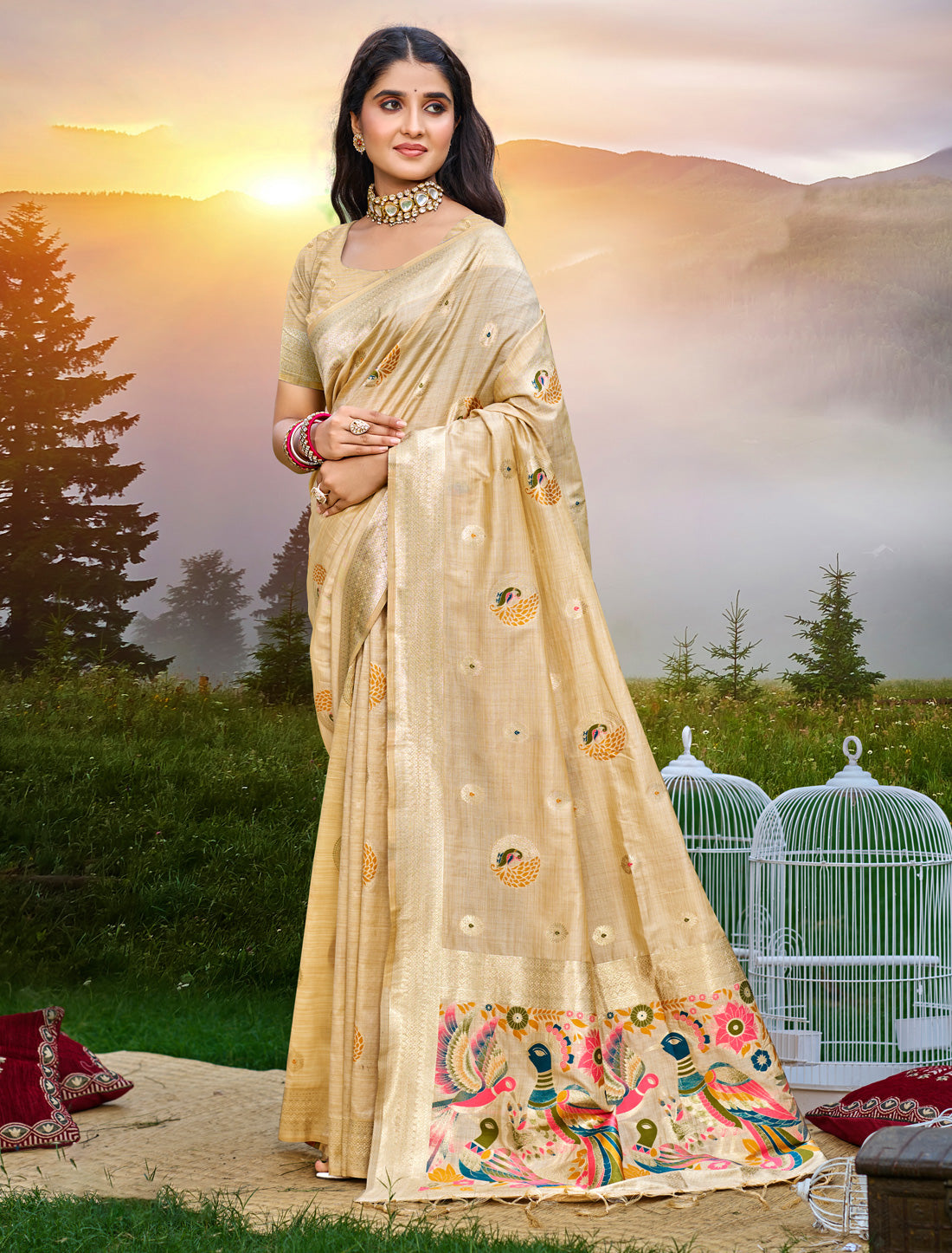 Beige Ethnic Assam Silk Woven Saree With Meena Work