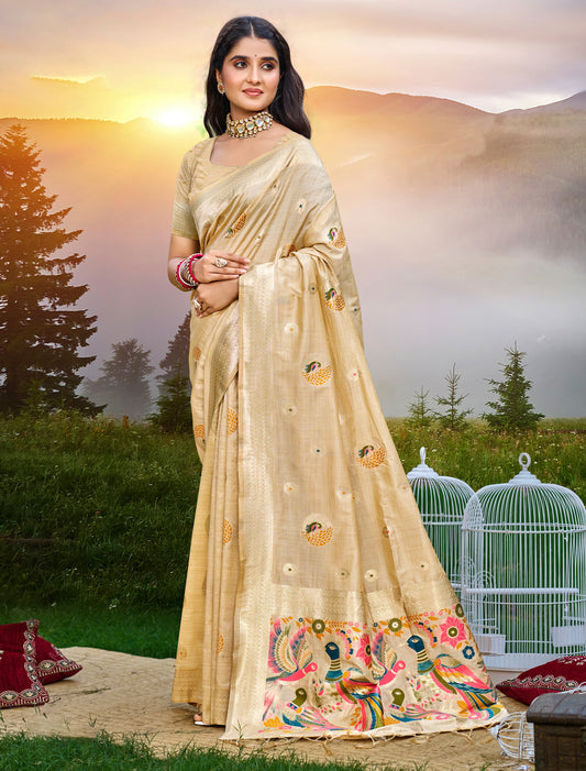 Beige Ethnic Assam Silk Woven Saree With Meena Work