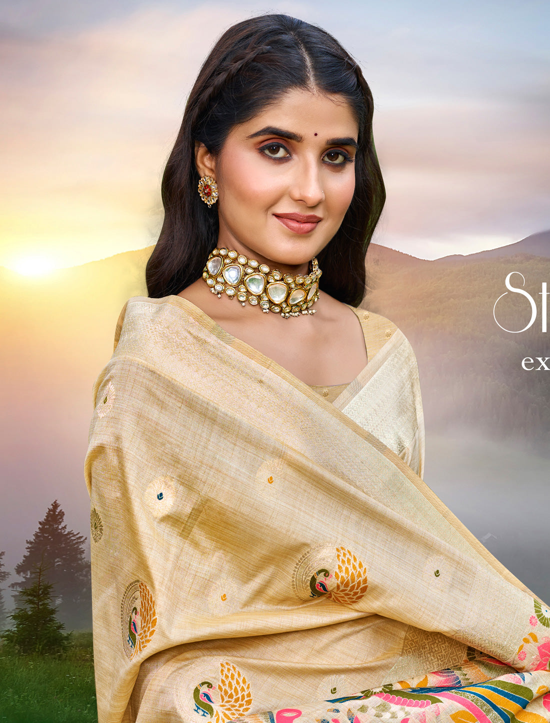 Beige Ethnic Assam Silk Woven Saree With Meena Work