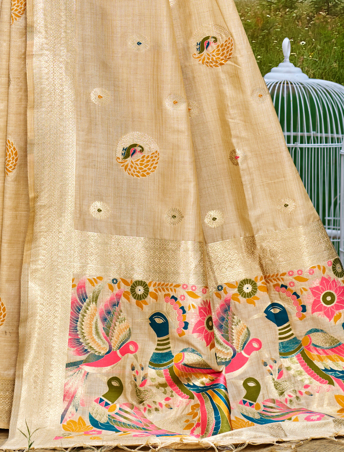 Beige Ethnic Assam Silk Woven Saree With Meena Work