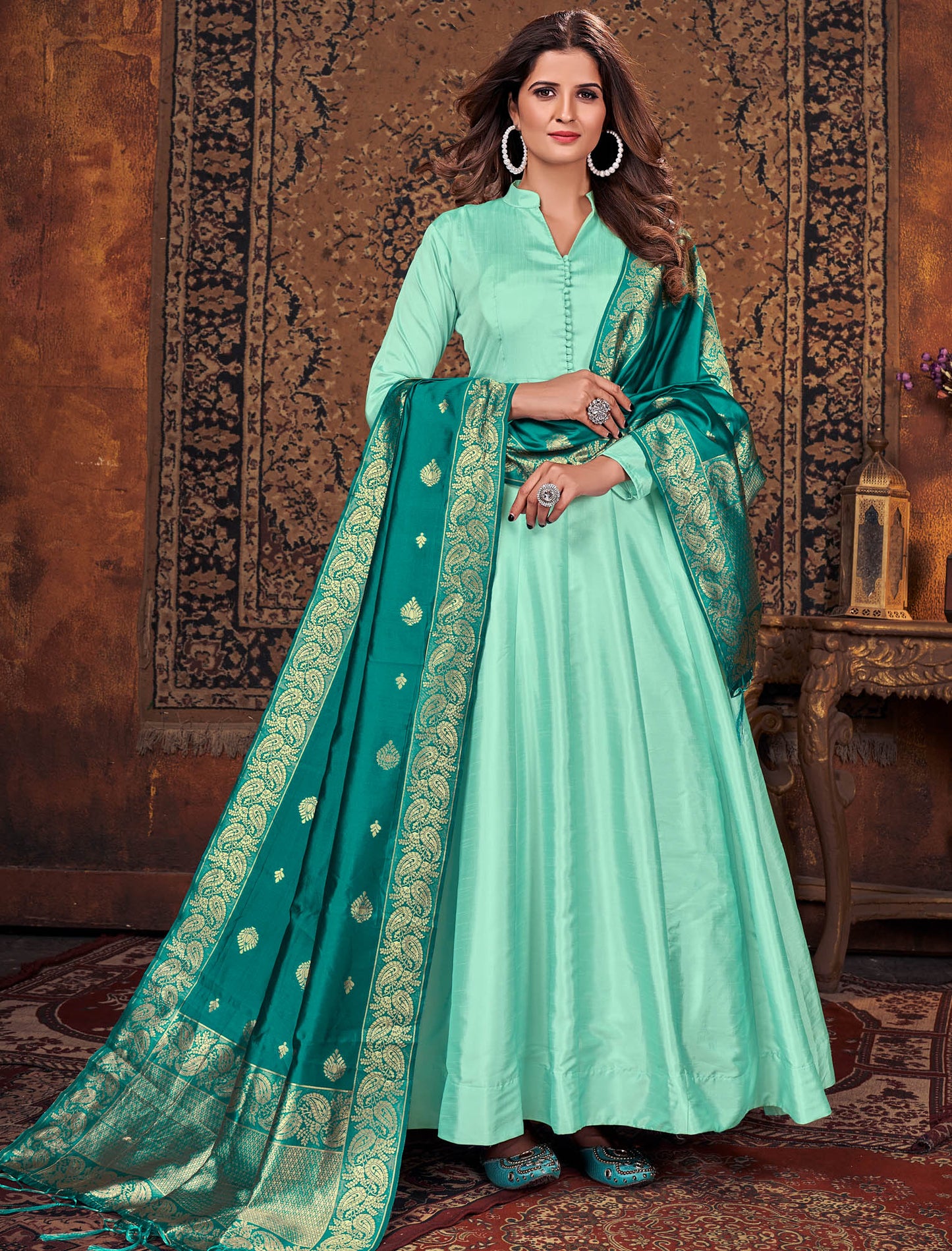 Sea Green Art Silk Top with Dupatta and Anarkali Suit For Women