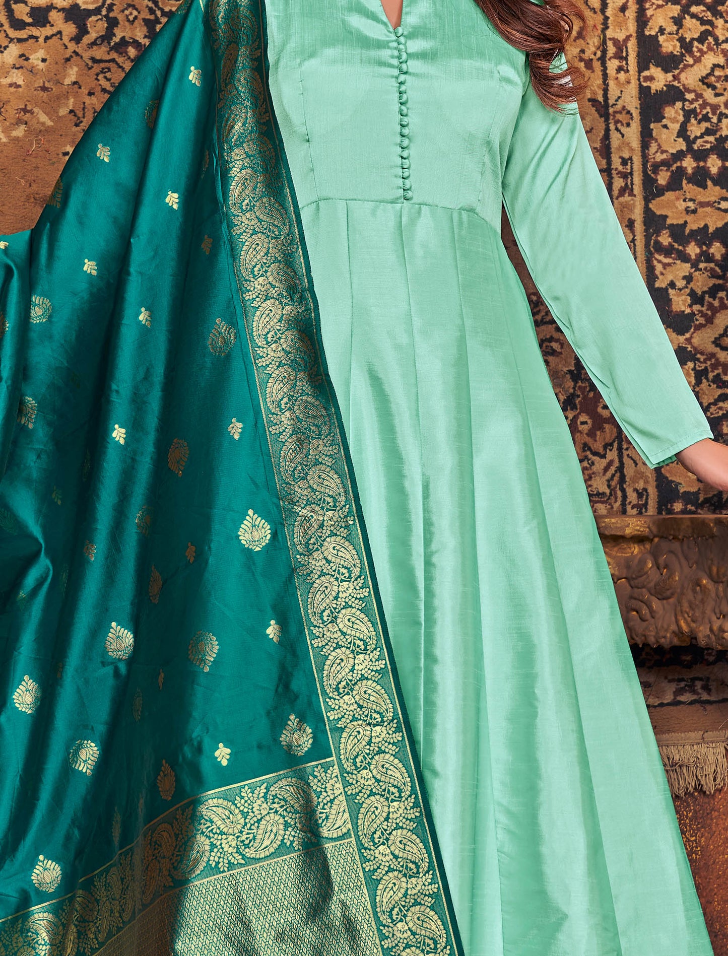 Sea Green Art Silk Top with Dupatta and Anarkali Suit For Women