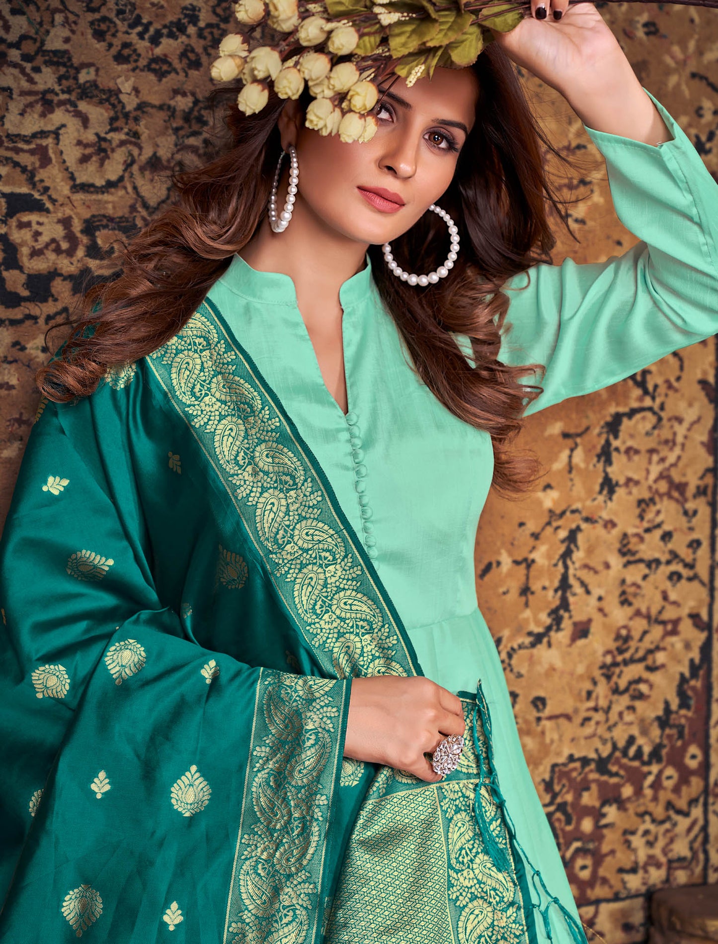 Sea Green Art Silk Top with Dupatta and Anarkali Suit For Women