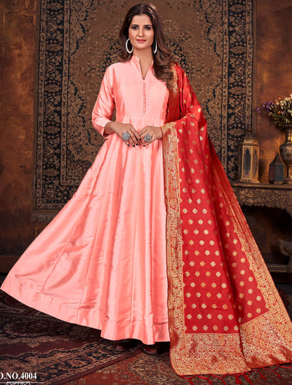 Art Silk Top Long Sleeves Jacquard Dupatta Anarkali Suit For Women
