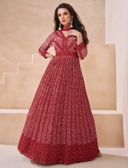 Maroon Designer Gown Real Georgette Front Back Embroidery Free-stitched