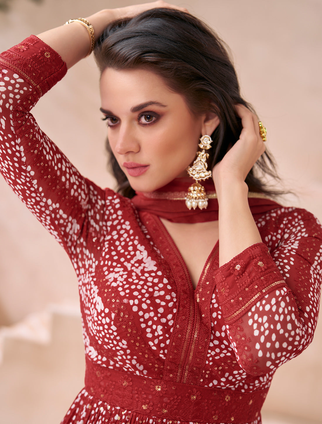 Maroon Designer Gown Real Georgette Front Back Embroidery Free-stitched