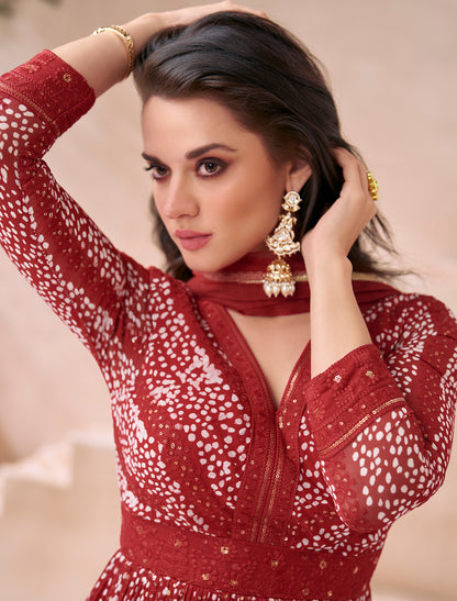 Maroon Designer Gown Real Georgette Front Back Embroidery Free-stitched