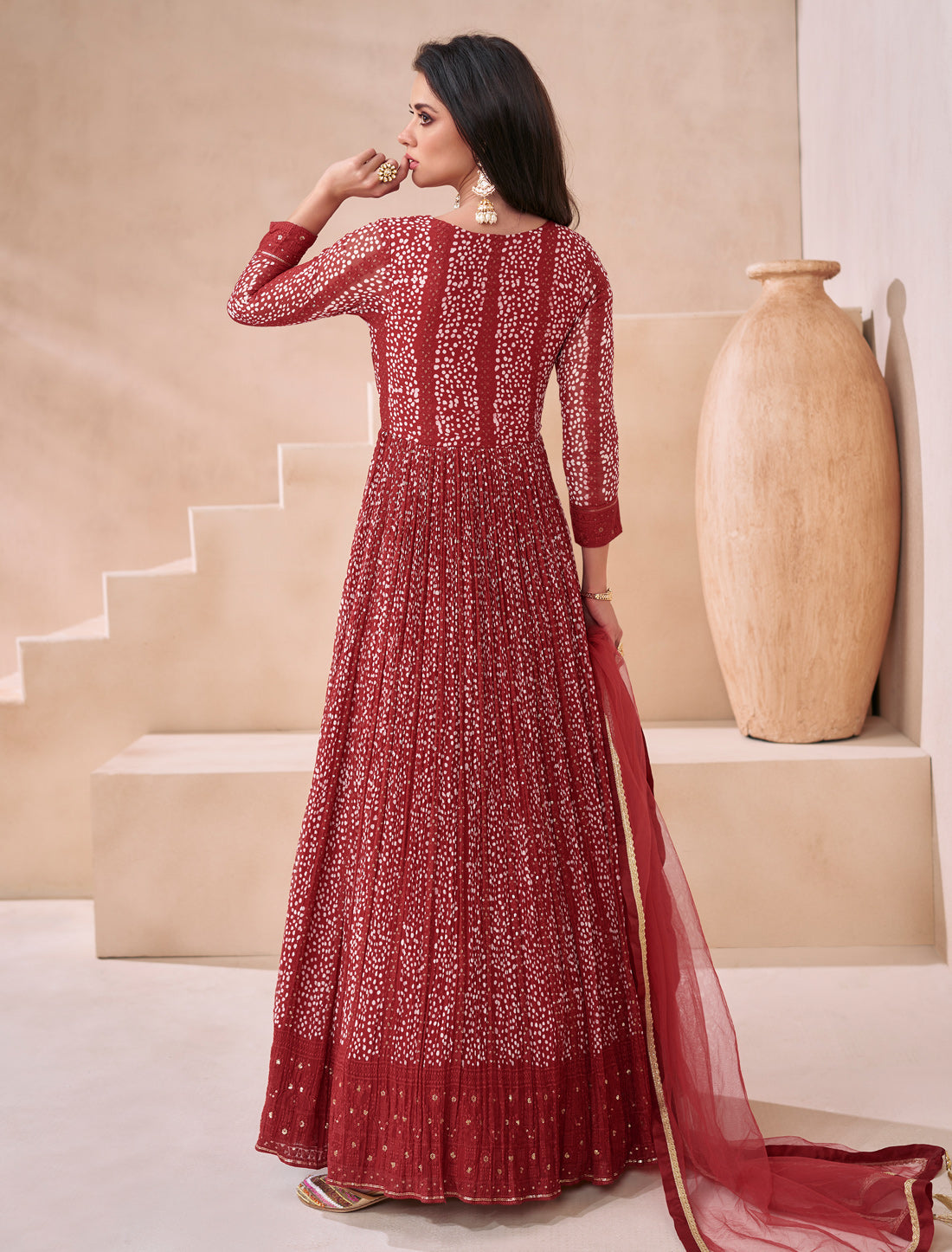 Maroon Designer Gown Real Georgette Front Back Embroidery Free-stitched