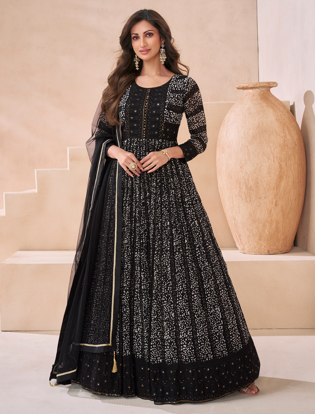 Black Designer Gown Real Georgette Front Back Embroidery Free-stitched