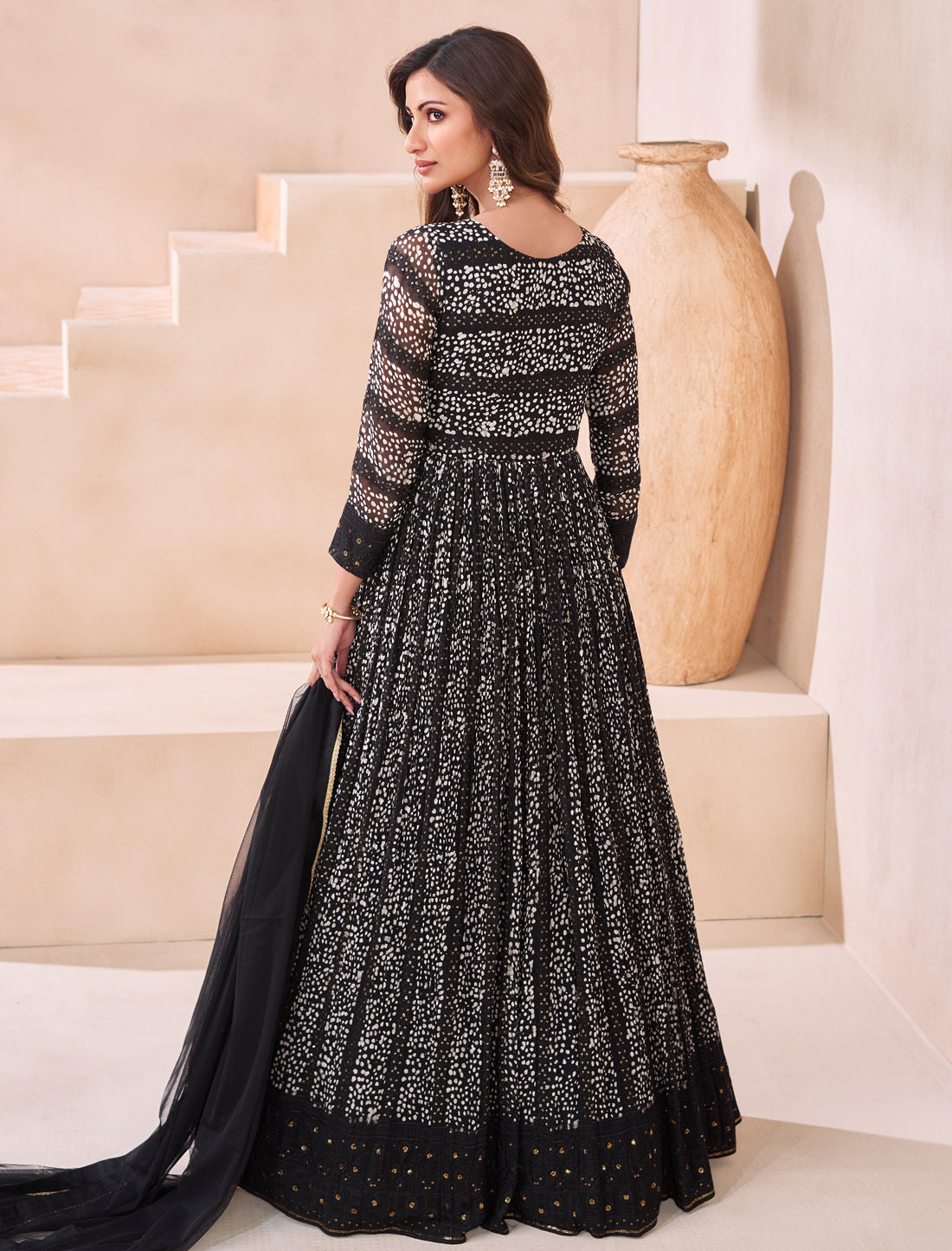 Black Designer Gown Real Georgette Front Back Embroidery Free-stitched