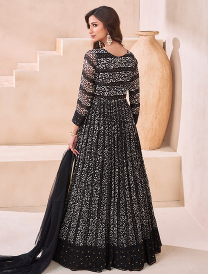 Black Designer Gown Real Georgette Front Back Embroidery Free-stitched