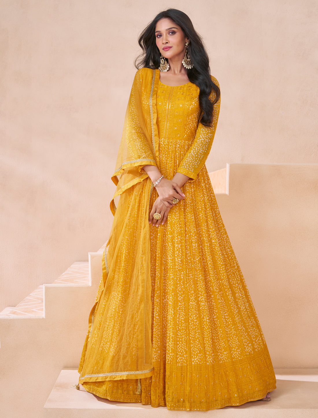 Yellow Party Wear Real Georgette Front Back Embroidery Free-stitched Gown