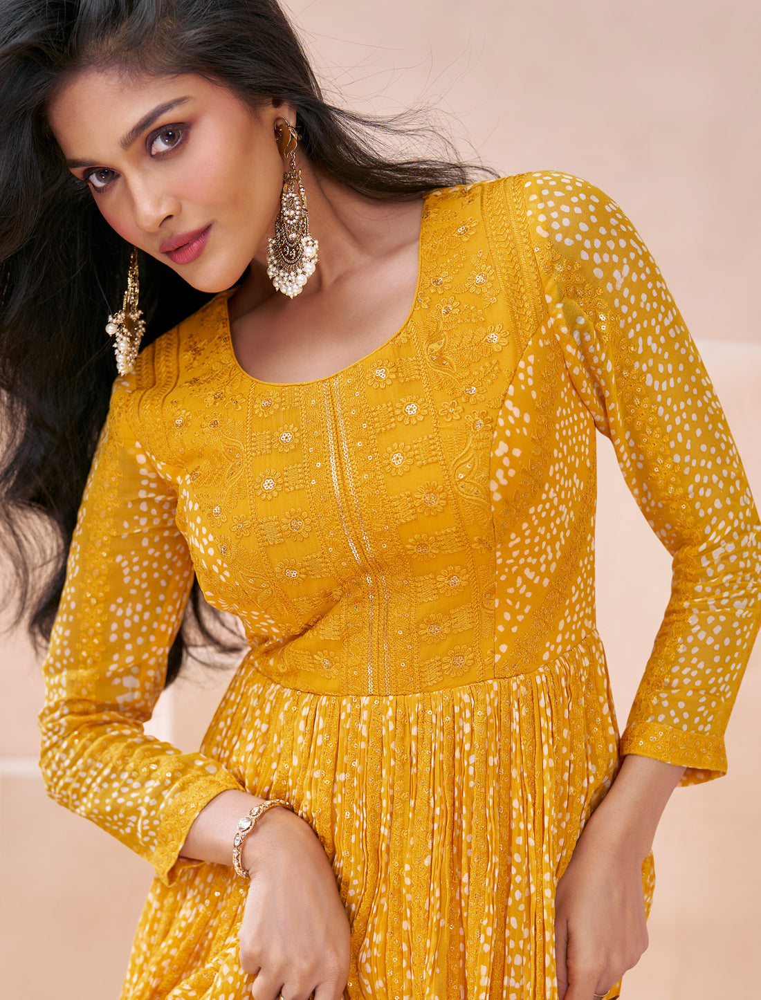 Yellow Party Wear Real Georgette Front Back Embroidery Free-stitched Gown