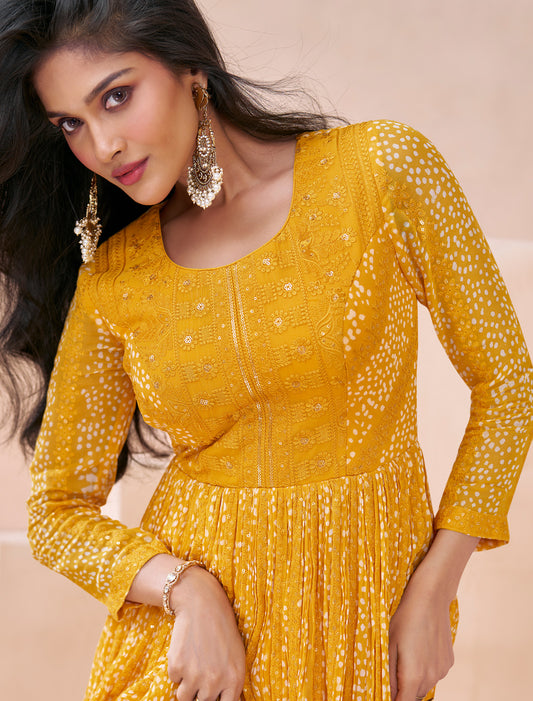 Yellow Party Wear Real Georgette Front Back Embroidery Free-stitched Gown