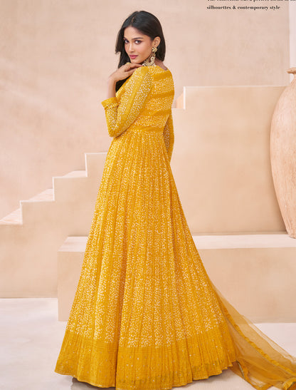 Yellow Party Wear Real Georgette Front Back Embroidery Free-stitched Gown