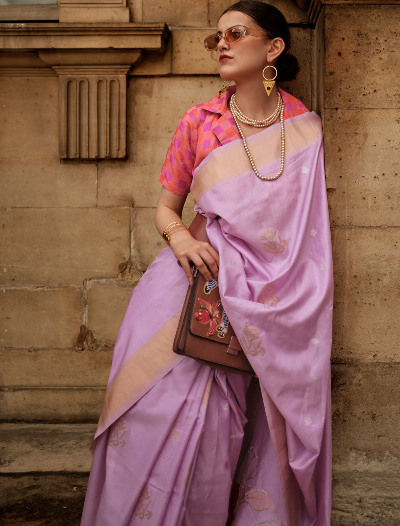 Light Pink & Peach Soft Silk Saree Handloom Weaving With Contrast Pallu And Blouse