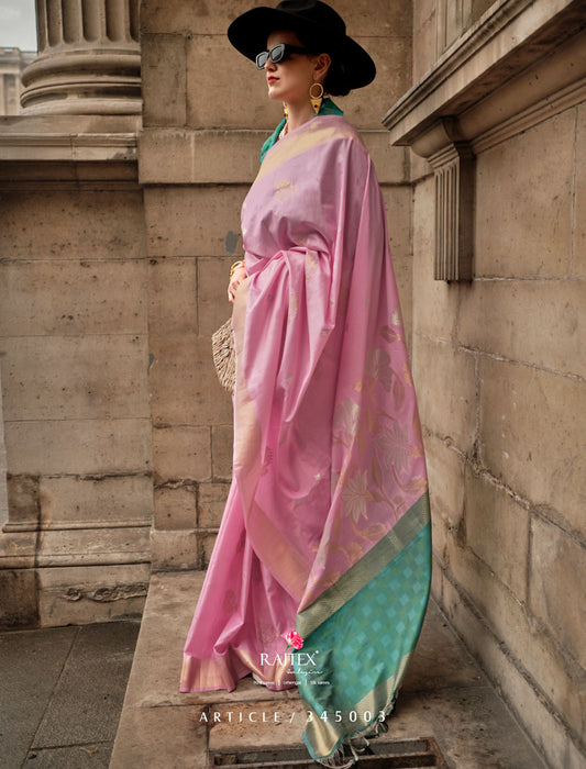 Pink & Sea Green Soft Silk Saree Handloom Weaving With Contrast Pallu And Blouse