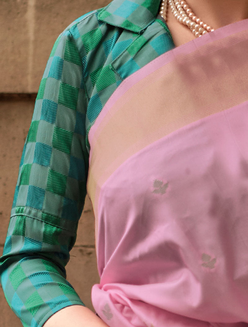 Pink & Sea Green Soft Silk Saree Handloom Weaving With Contrast Pallu And Blouse